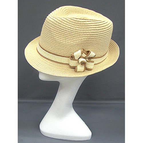 Fedora Straw Hat w/ Flower Corsage - Beige -HT-1186BE